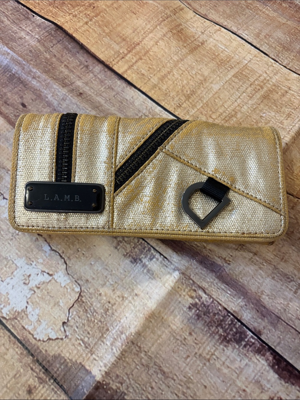 L.A.M.B. Large Metallic Gold Zip-Accent Card Holder Wallet